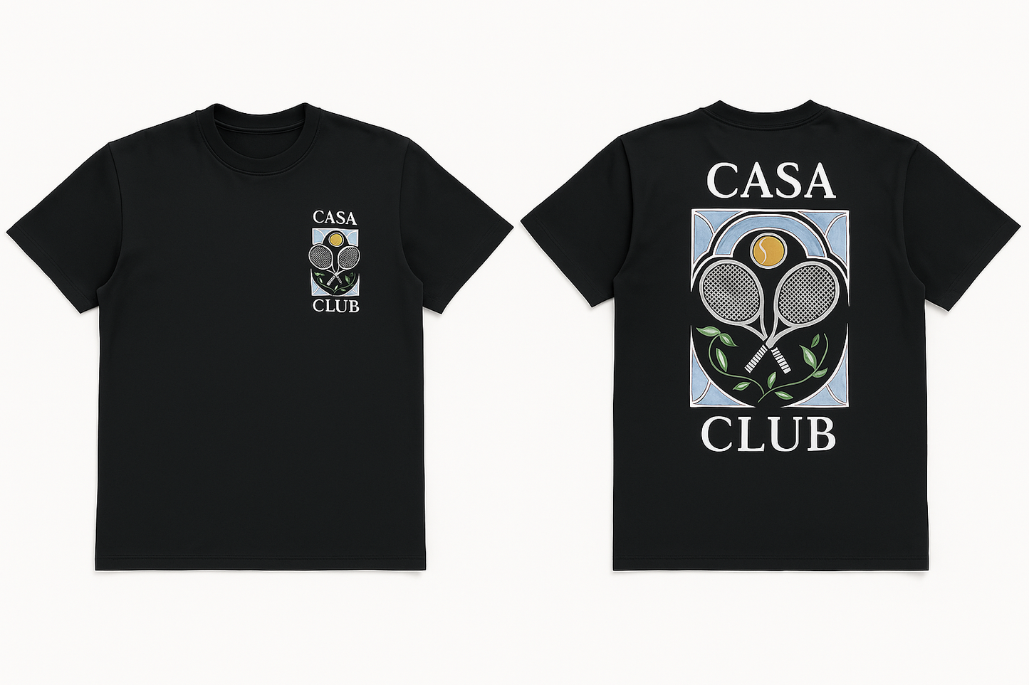 T-shirt noir Casa Club avec design de raquettes de tennis et feuillage au dos, style streetwear élégant