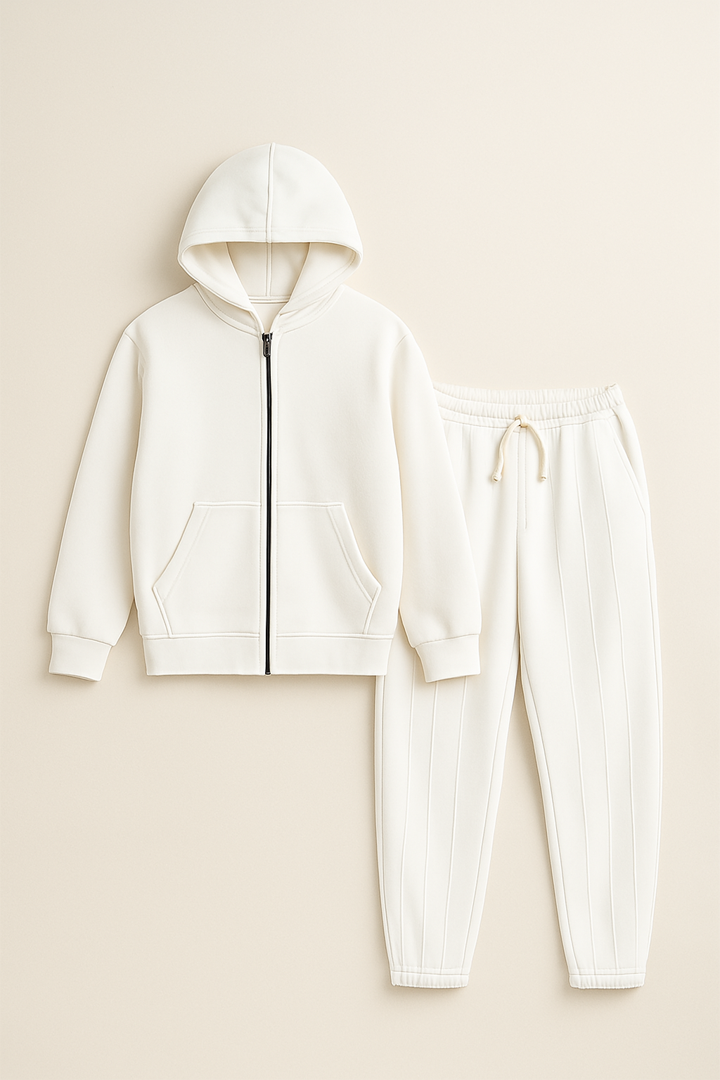 Ensemble Survêtement Blanc Unisexe – Hoodie Zippé + Pantalon Relax – Style Minimal & Confort