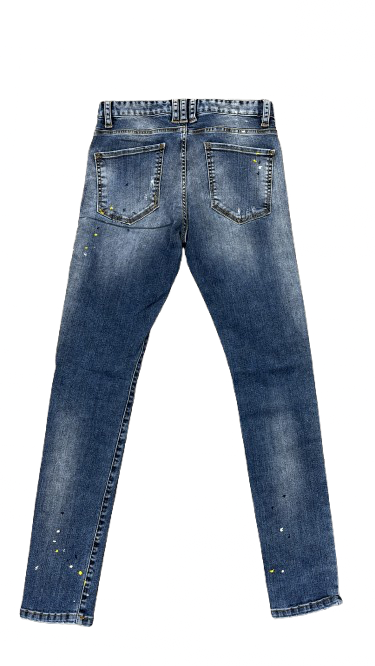 BORAGIO - PANTALON DENIM BLEU DÉLAVÉ AVEC DÉTAILS DE PEINTURE JAUNE ET BLANCHE