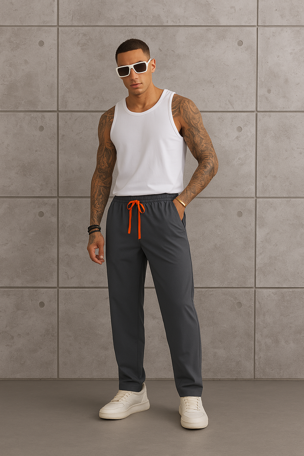 Pantalon Technique UNTRACED – Gris Anthracite et Noir avec cordon orange | Coupe droite fluide