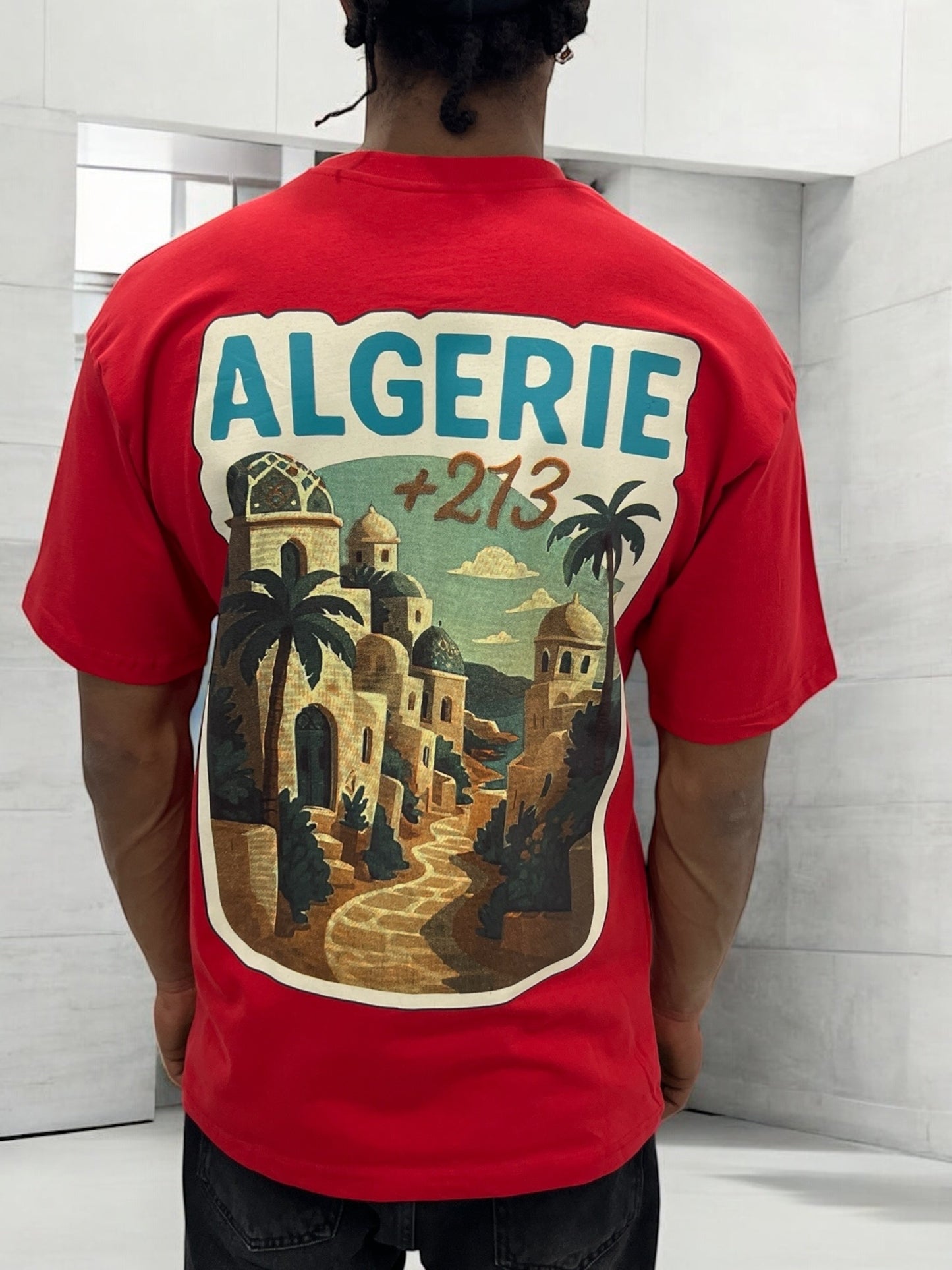 T-shirt “ALGERIE +213” – Visuel Vintage Palais & Palmiers (Rouge)