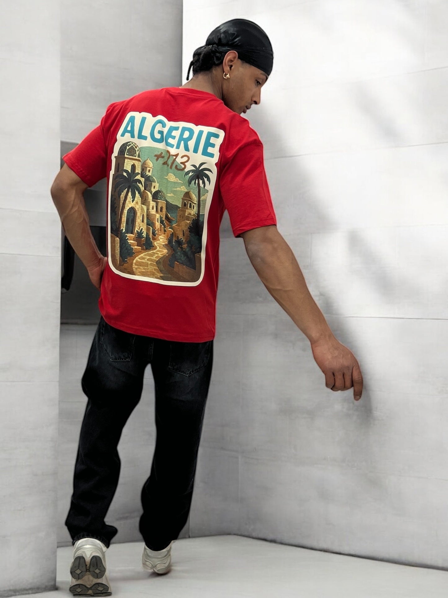 T-shirt “ALGERIE +213” – Visuel Vintage Palais & Palmiers (Rouge)