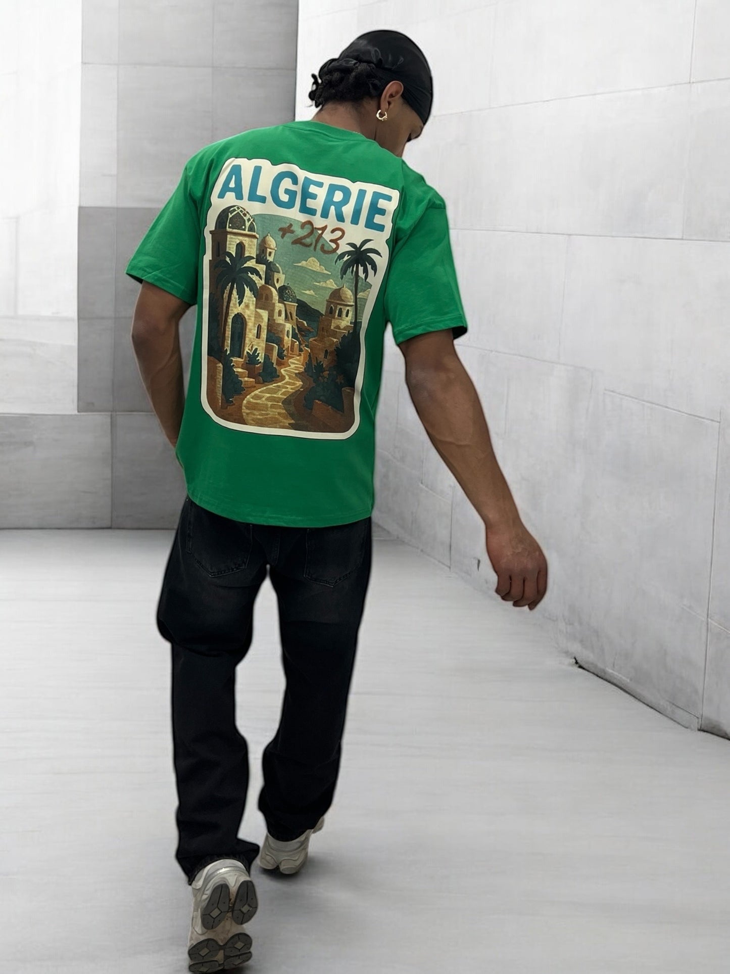 T-shirt “ALGERIE +213” – Visuel Vintage Palais & Palmiers (Vert Foncé)