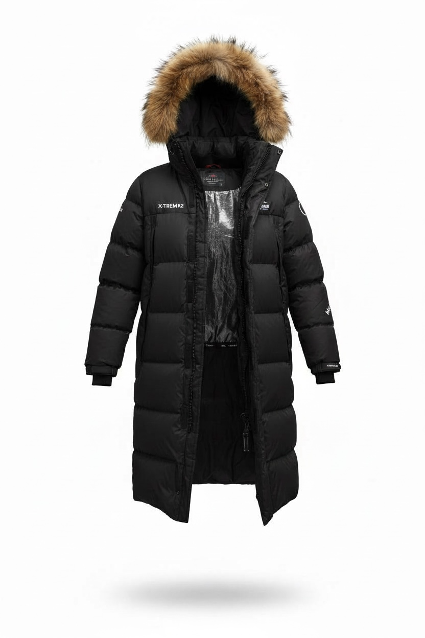 Parka Helvetica Mountain Pioneers X.TREM K2 Noir – Ultra Chaude, Intérieur Aluminium, Fourrure Détachable