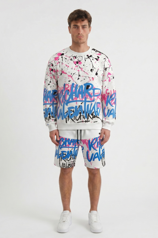 Sweat Richard Valentine Fisher Blanc Graffiti Bleu & Rose – Made In Italy