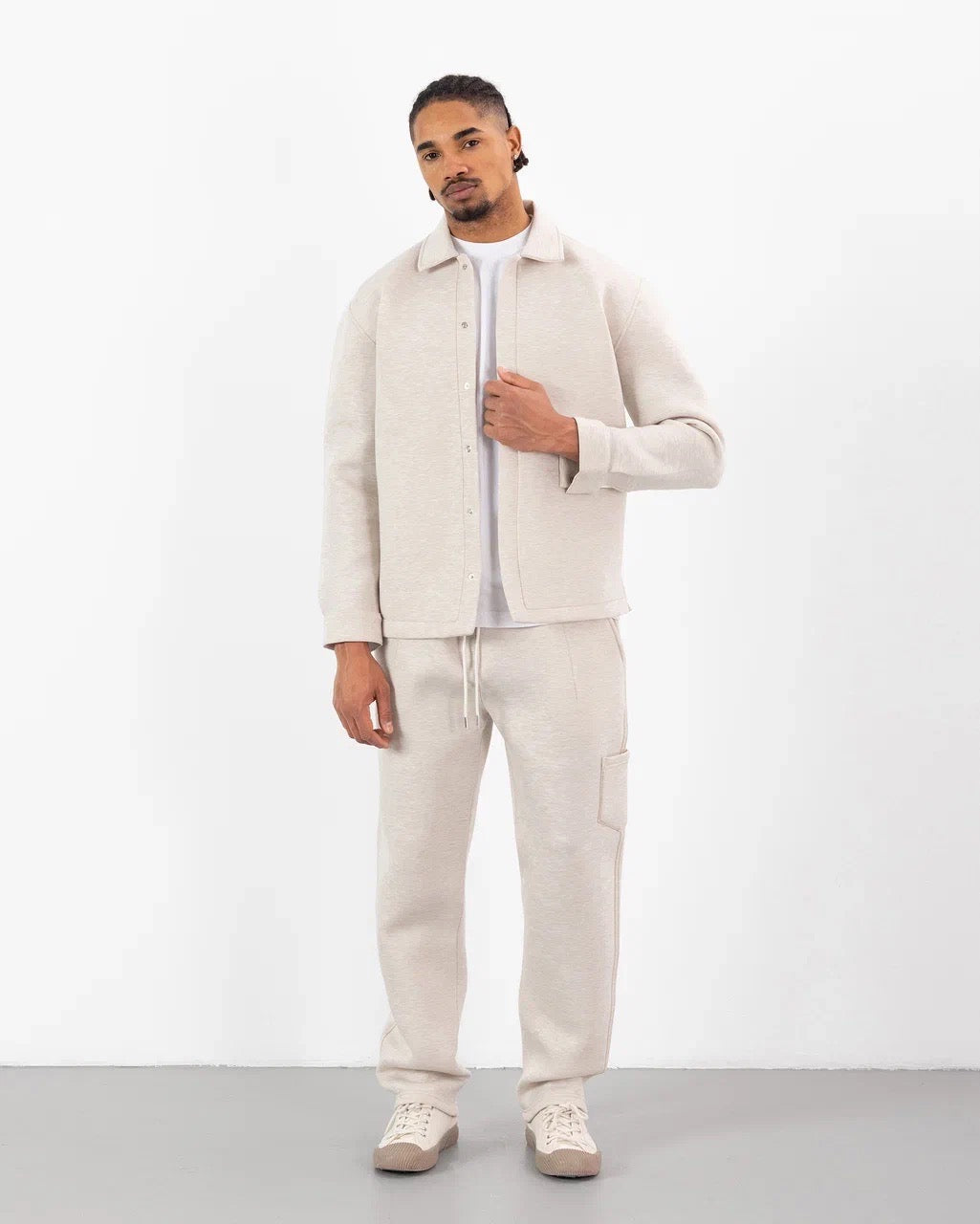 Ensemble Scuba Oversize – Veste Col Chemise à bouton + Jogging – Beige