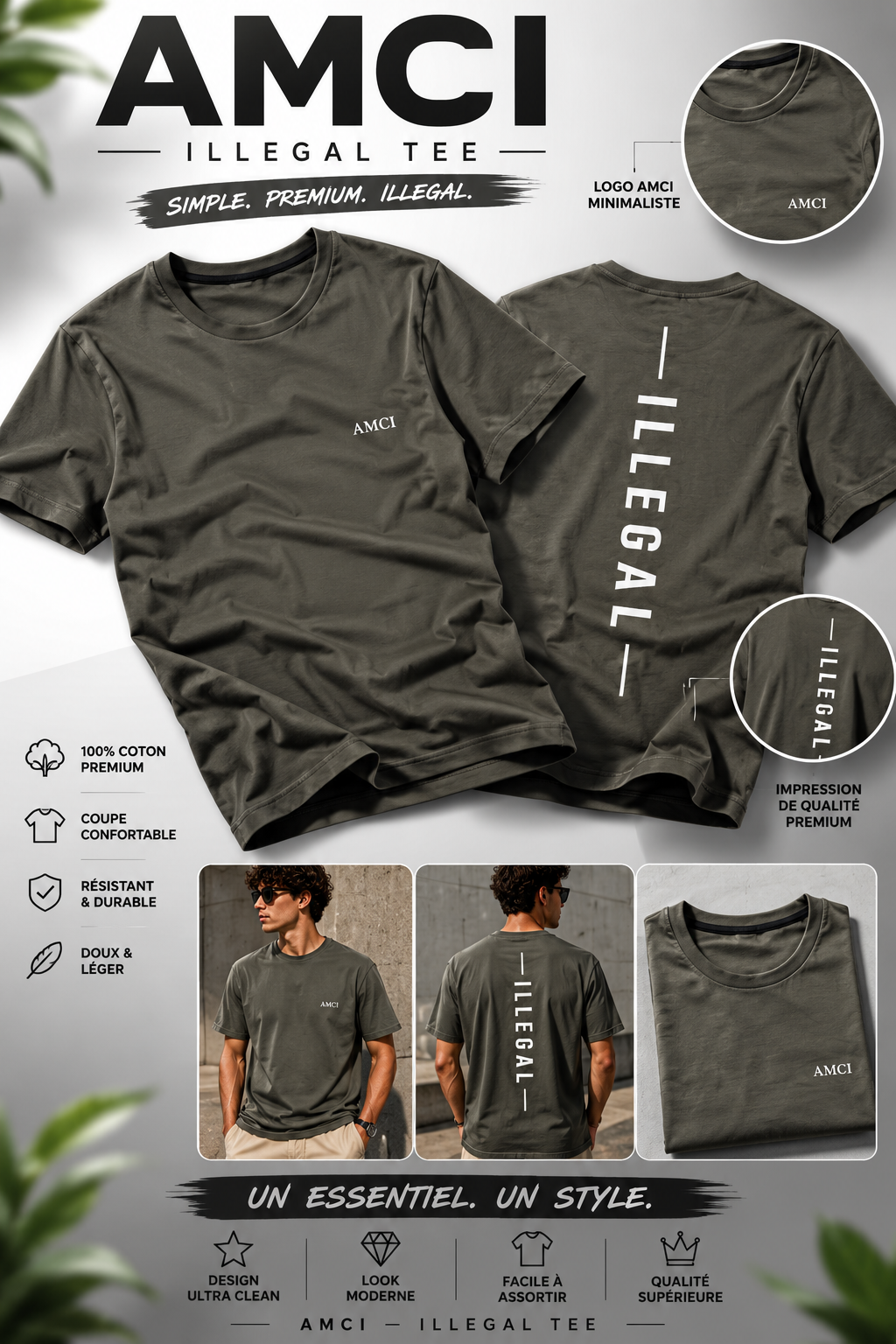 T-Shirt AMCI ILLÉGAL KAKI– Coupe Premium Coton Doux Unisexe