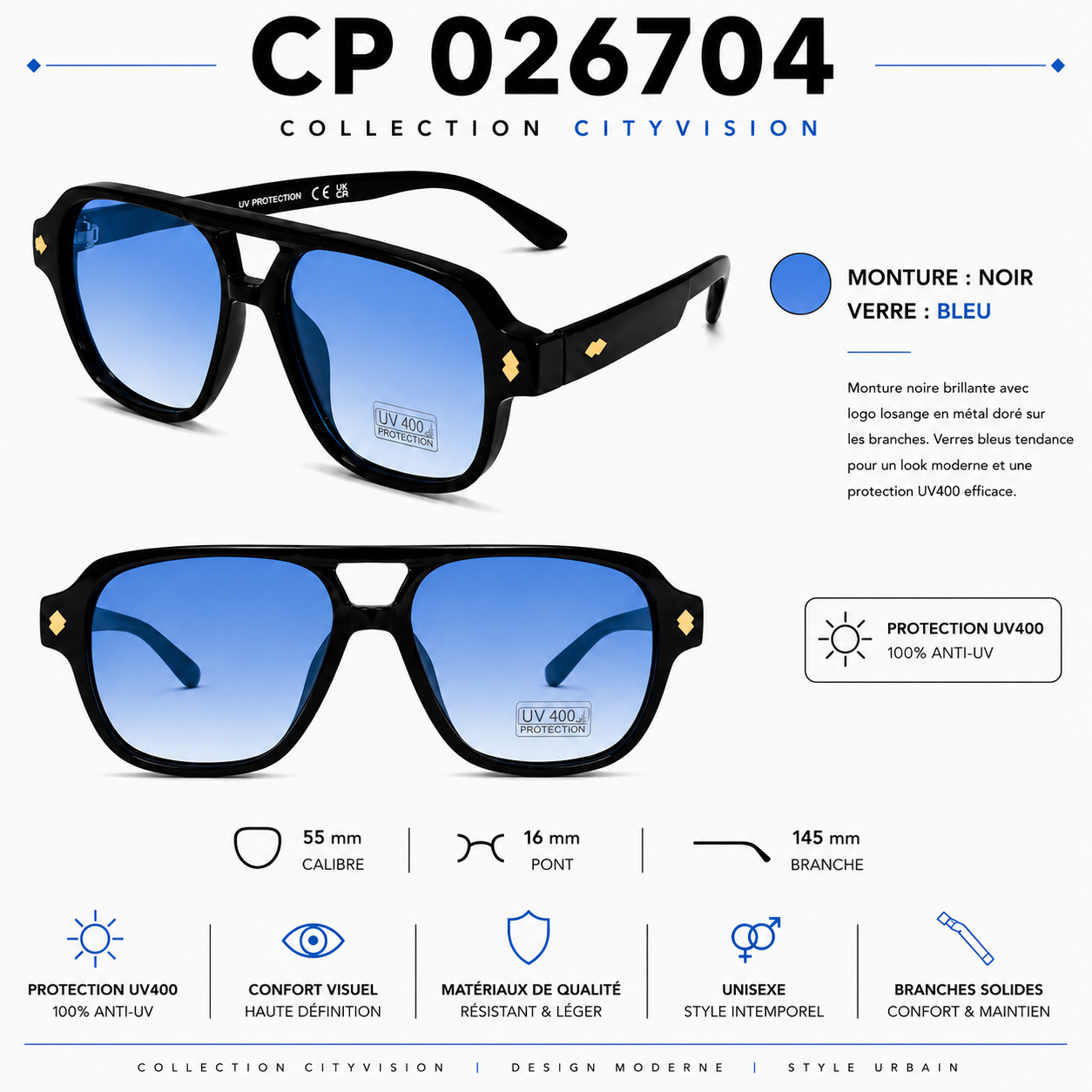 Lunettes de Soleil 026704 UV400 – Modèle Mixte Aviateur Carré