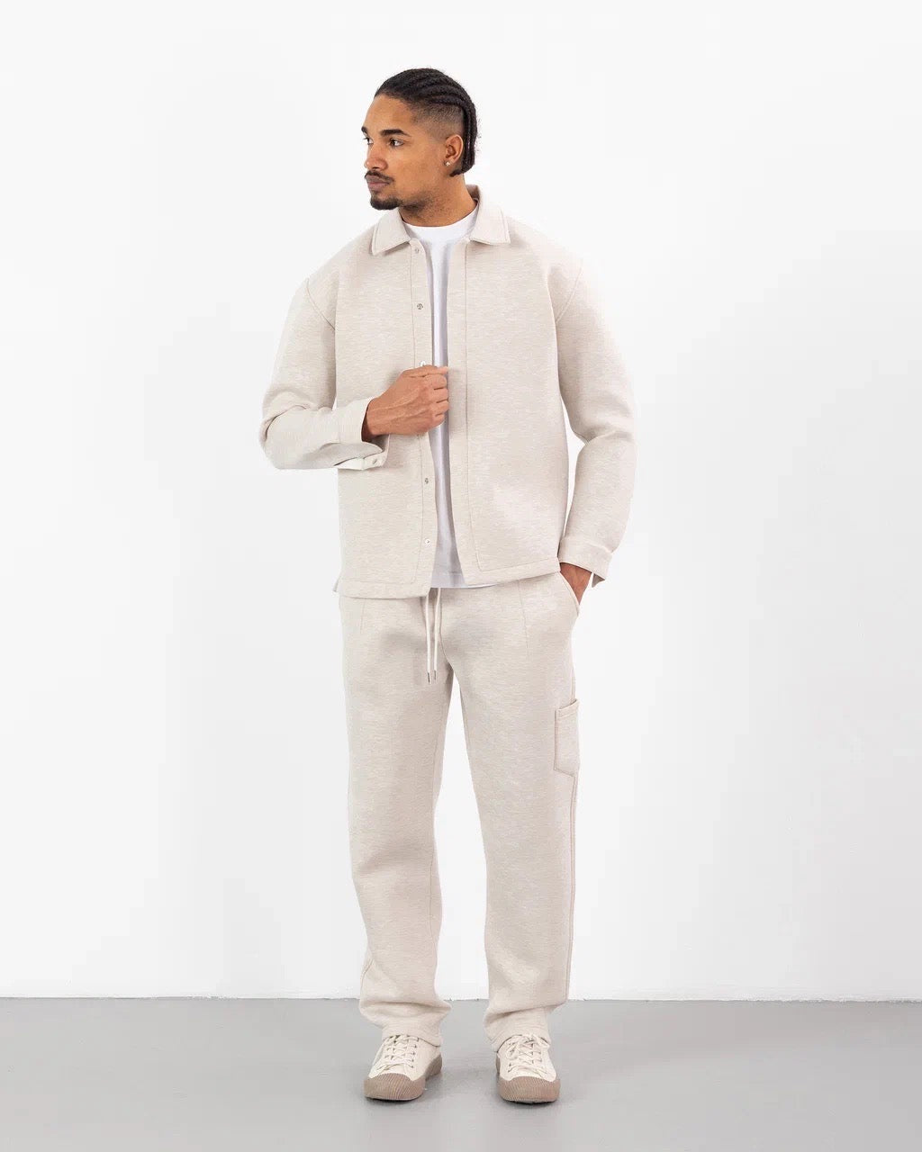 Ensemble Scuba Oversize – Veste Col Chemise à bouton + Jogging – Beige