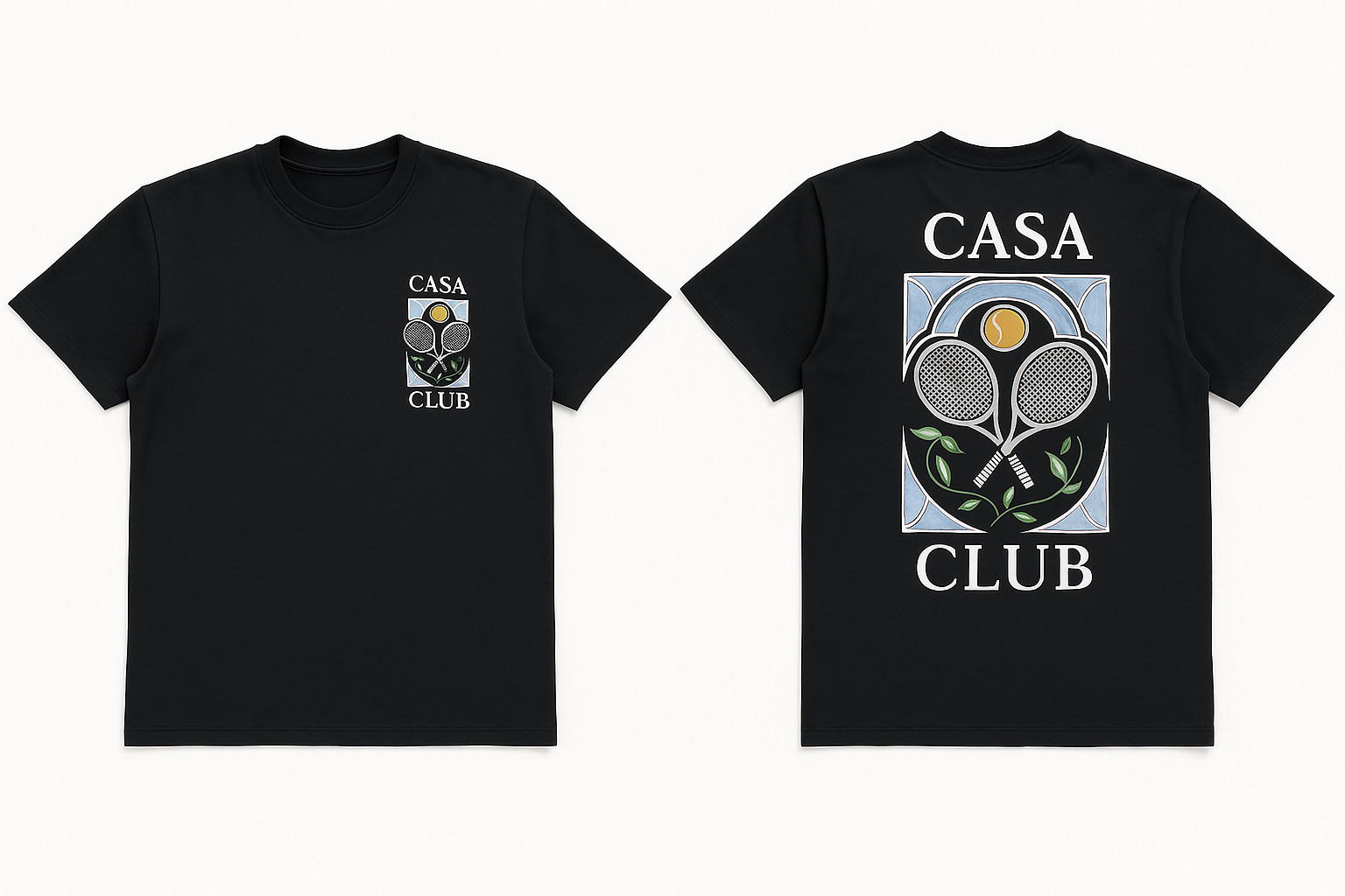 T-shirt noir Casa Club avec design de raquettes de tennis et feuillage au dos, style streetwear élégant
