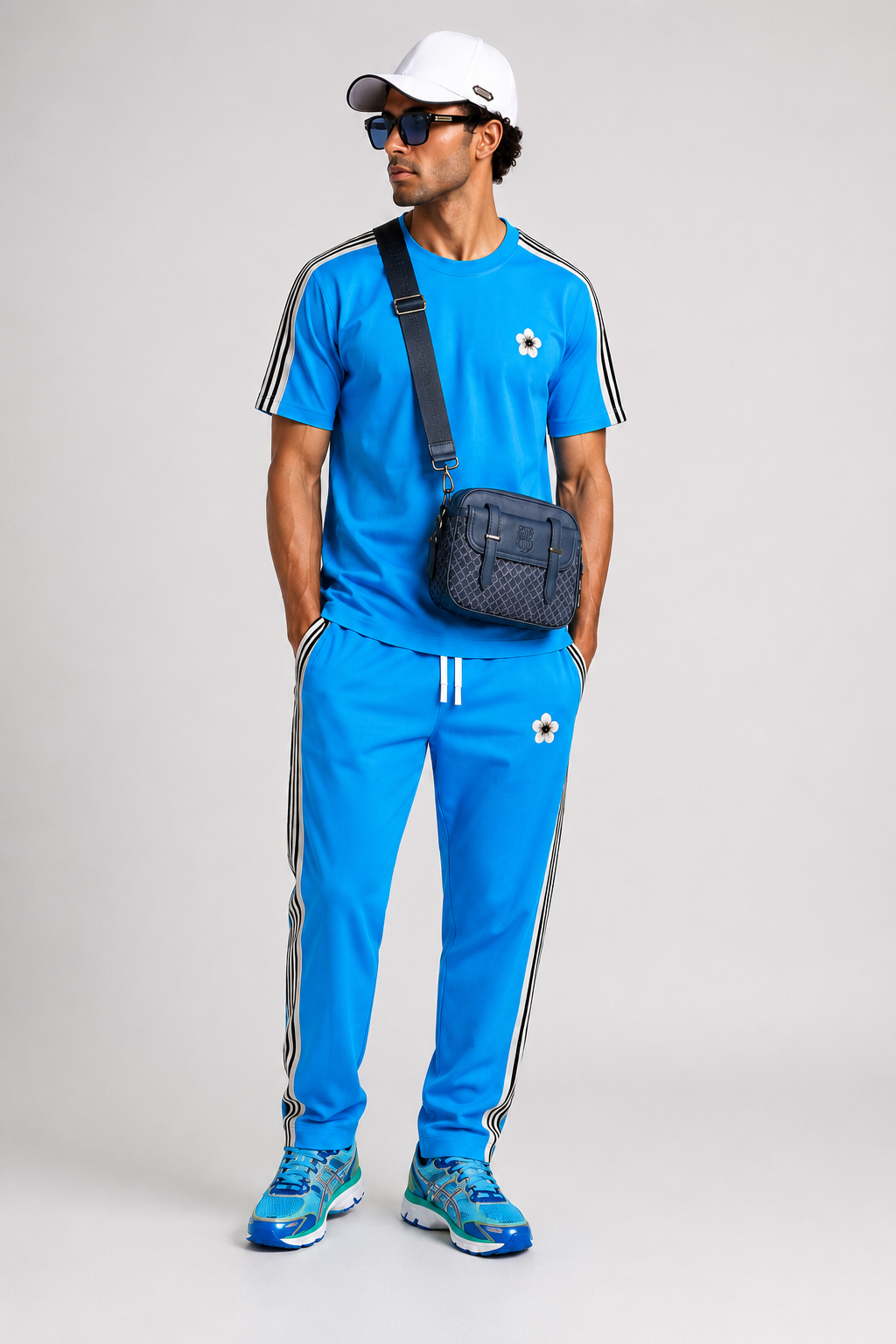 Set Bleu Bandes Noires & Crème – Plus Eighteen Off The System | T-Shirt + Jogging KS-6626
