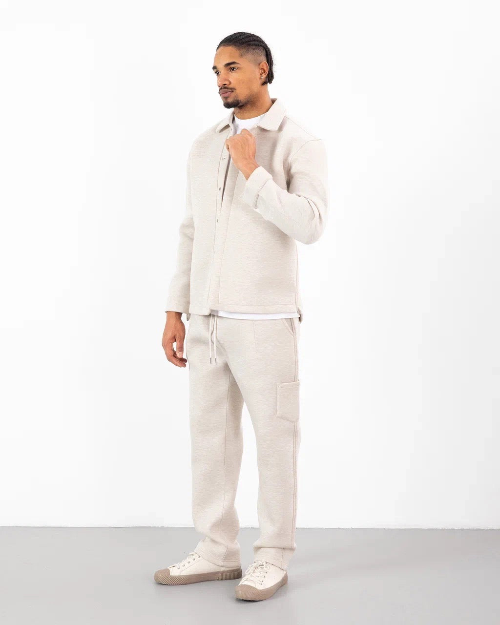 Ensemble Scuba Oversize – Veste Col Chemise à bouton + Jogging – Beige