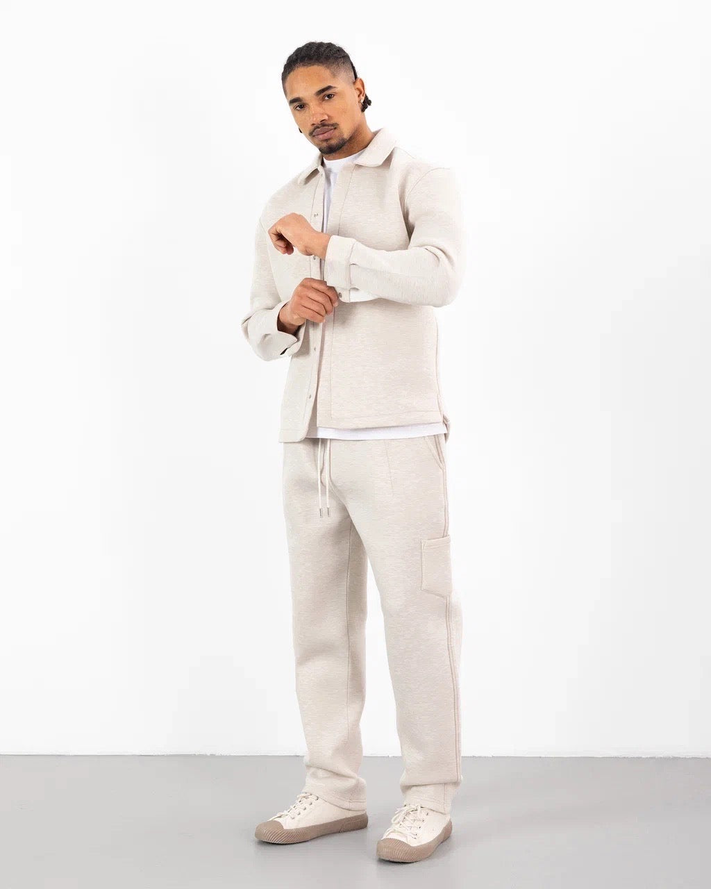 Ensemble Scuba Oversize – Veste Col Chemise à bouton + Jogging – Beige