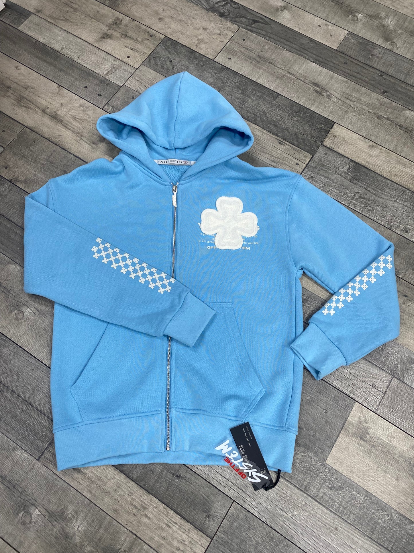 Veste à Capuche Bleu Zip - Patch Croix & Motifs Graphiques