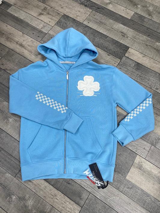 Veste à Capuche Bleu Zip - Patch Croix & Motifs Graphiques