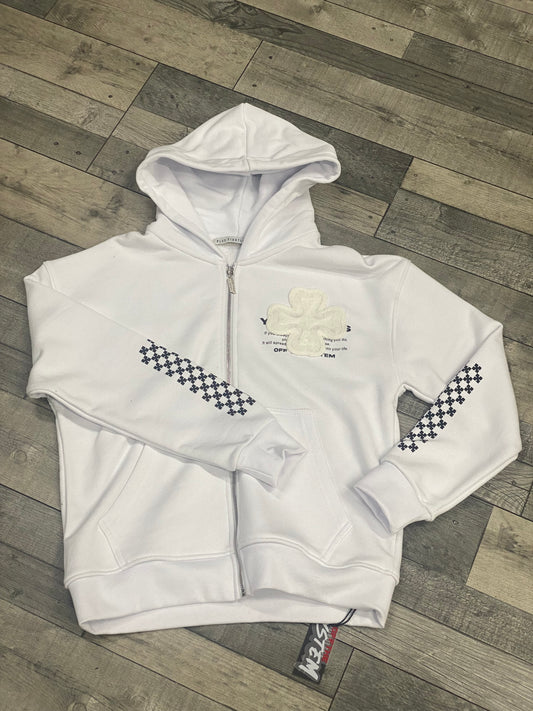 Veste à Capuche Blanche Zip - Patch Croix & Motifs Graphiques