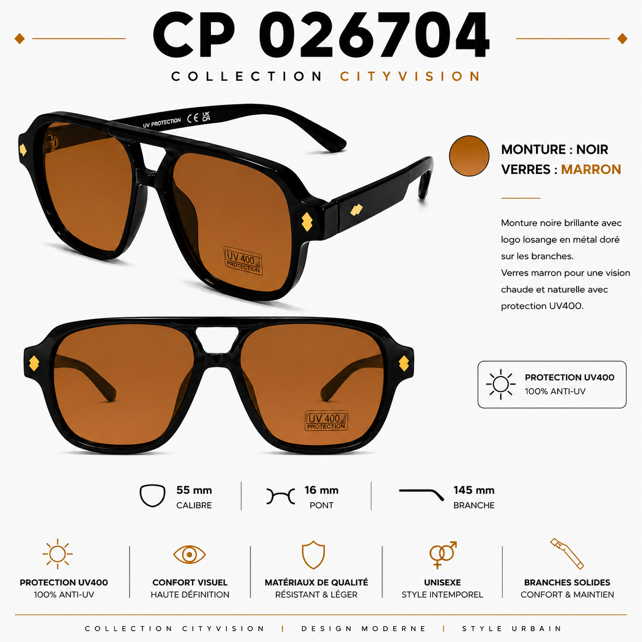 Lunettes de Soleil 026704 UV400 – Modèle Mixte Aviateur Carré