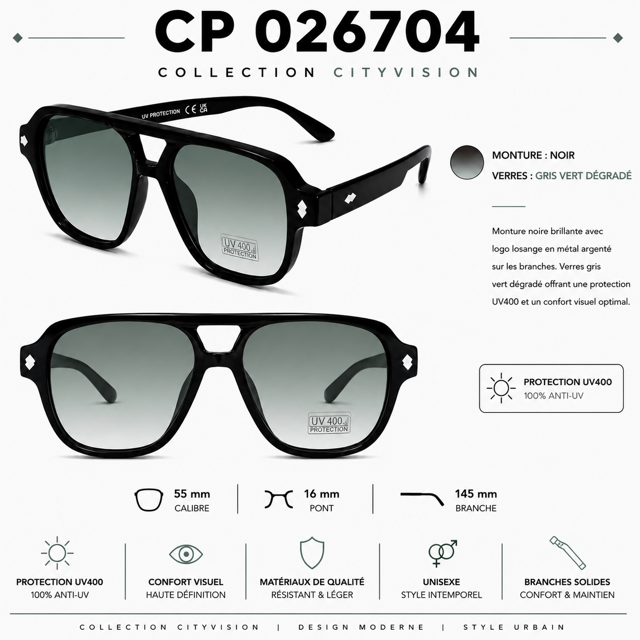 Lunettes de Soleil 026704 UV400 – Modèle Mixte Aviateur Carré