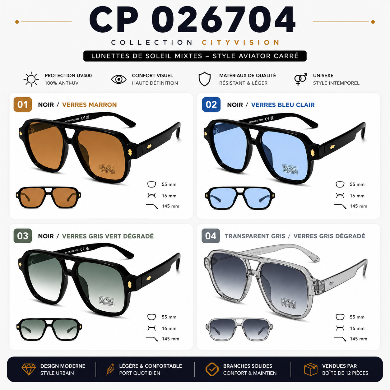 Lunettes de Soleil 026704 UV400 – Modèle Mixte Aviateur Carré