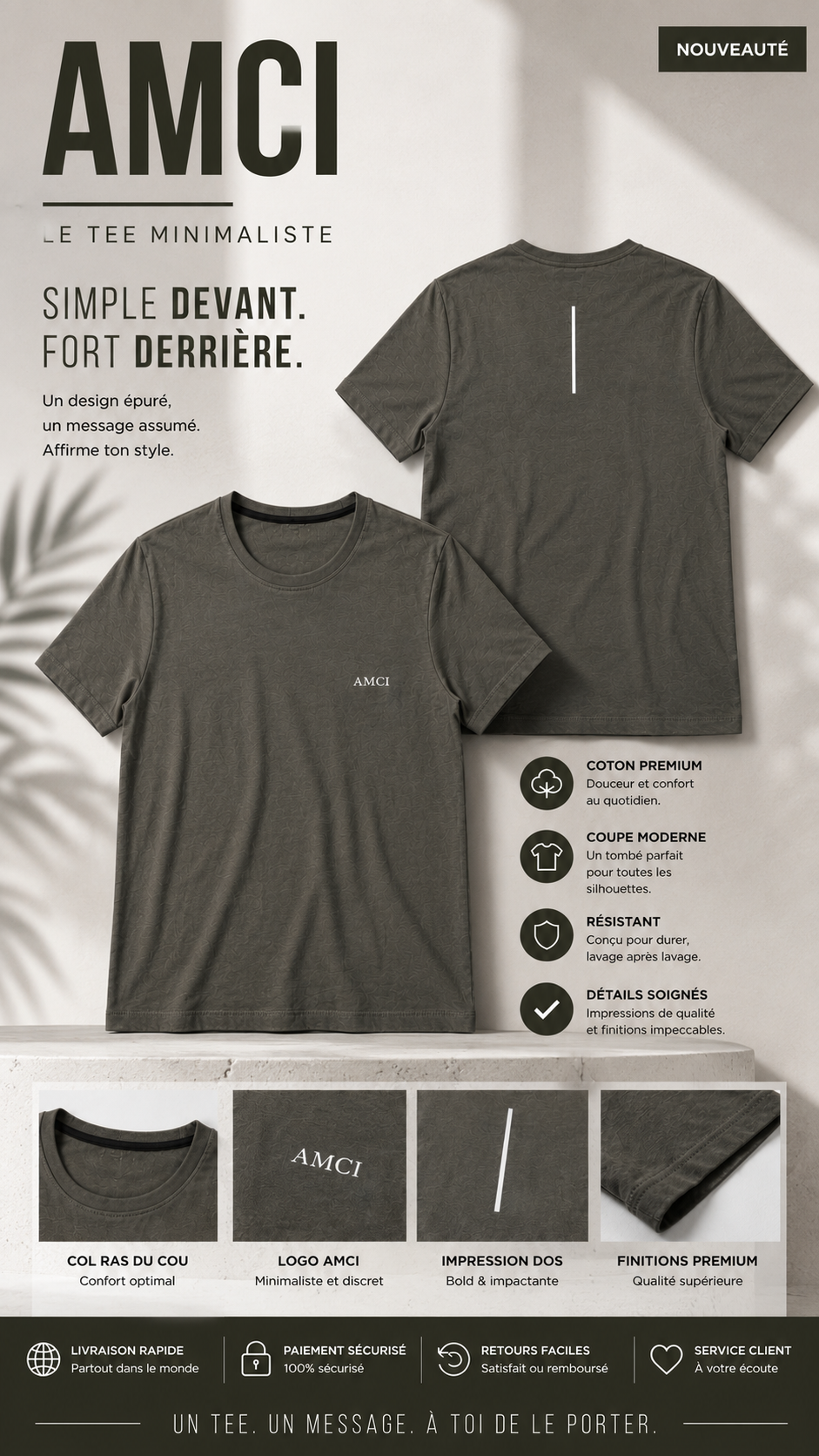 T-Shirt AMCI UNI KAKI – Coupe Premium Coton Doux Unisexe