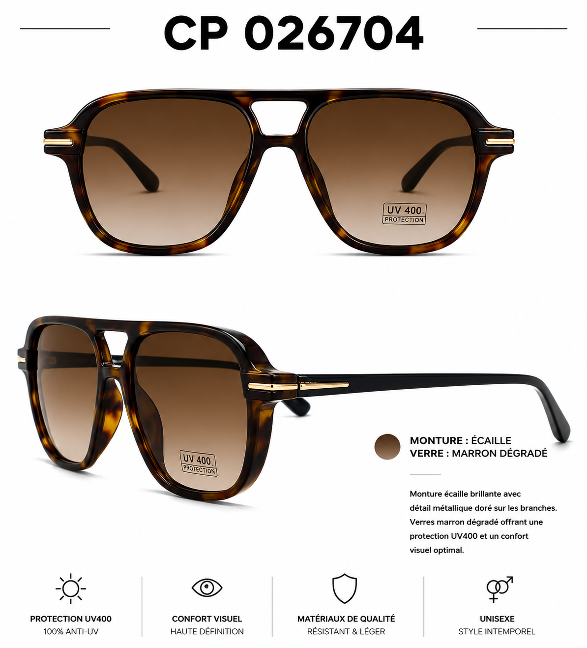 Lunettes de Soleil CP 026754 – Aviator UV400 Mixtes