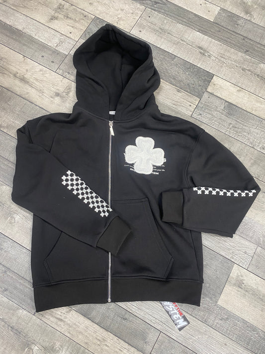 Veste à Capuche Noir Zip - Patch Croix & Motifs Graphiques