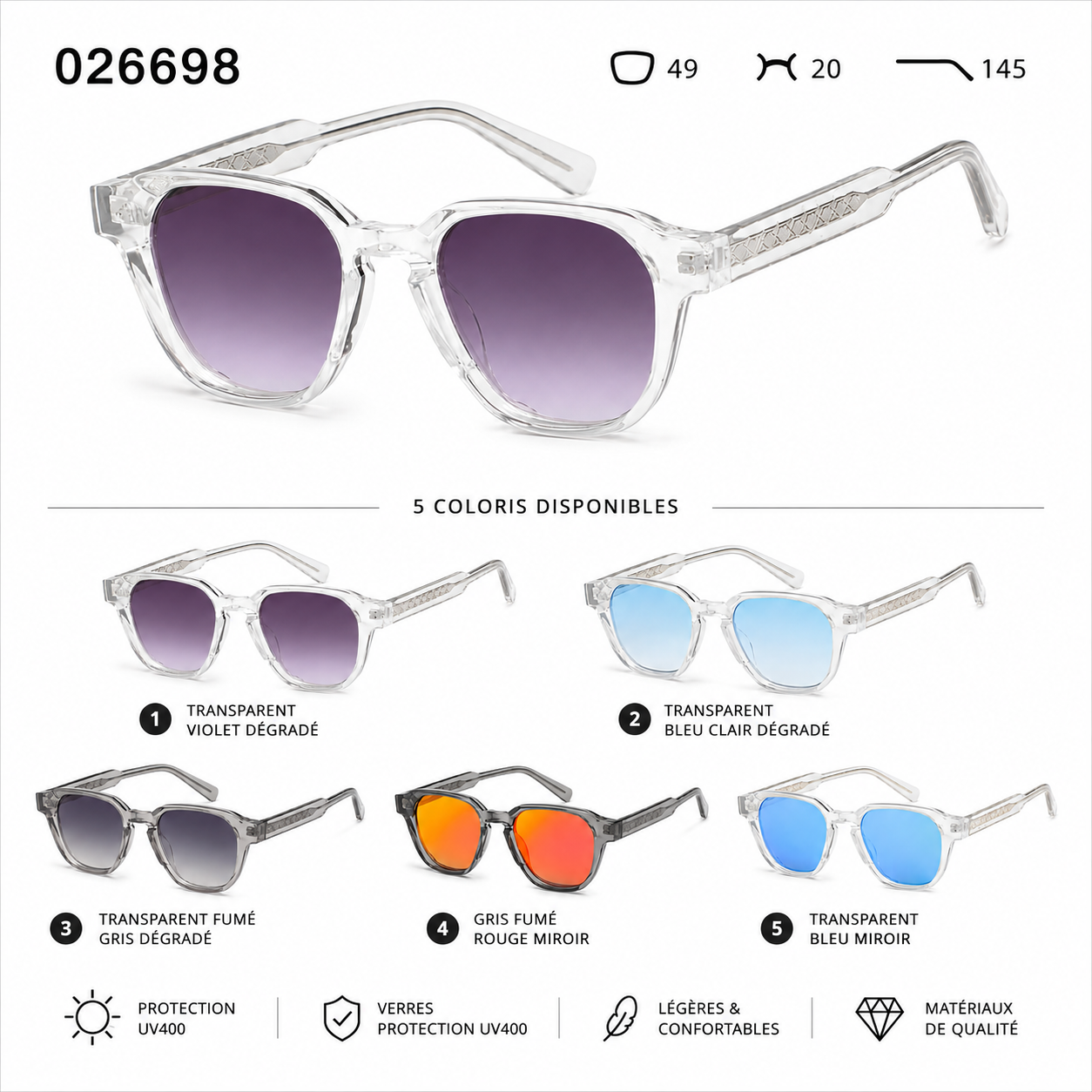 Lunettes de Soleil UV400 Homme Femme 026698 – Verres Dégradés & Miroir