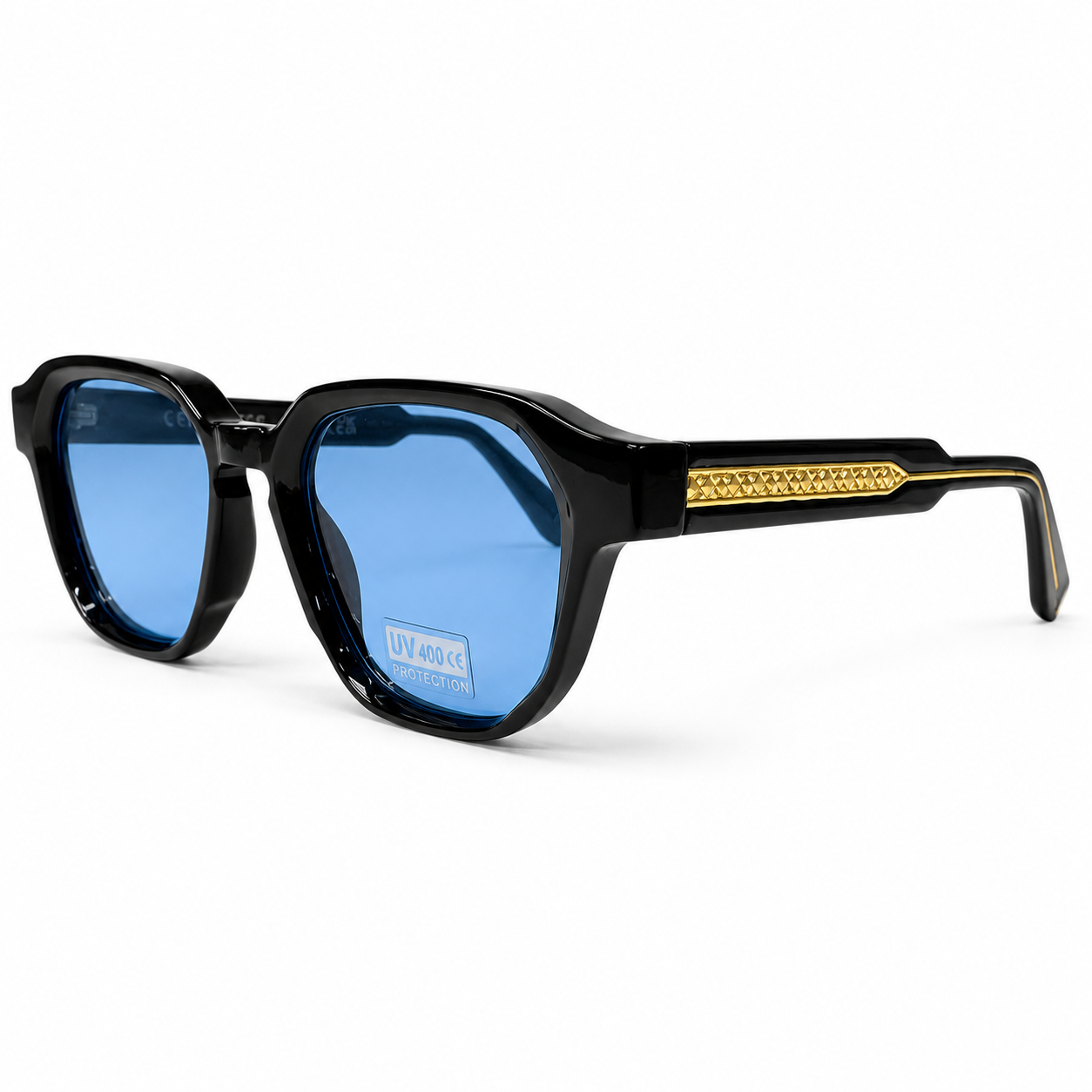 Lunettes de Soleil CP 026698 – Monture Noire, Verres Bleu Clair UV400 & Baguette Dorée