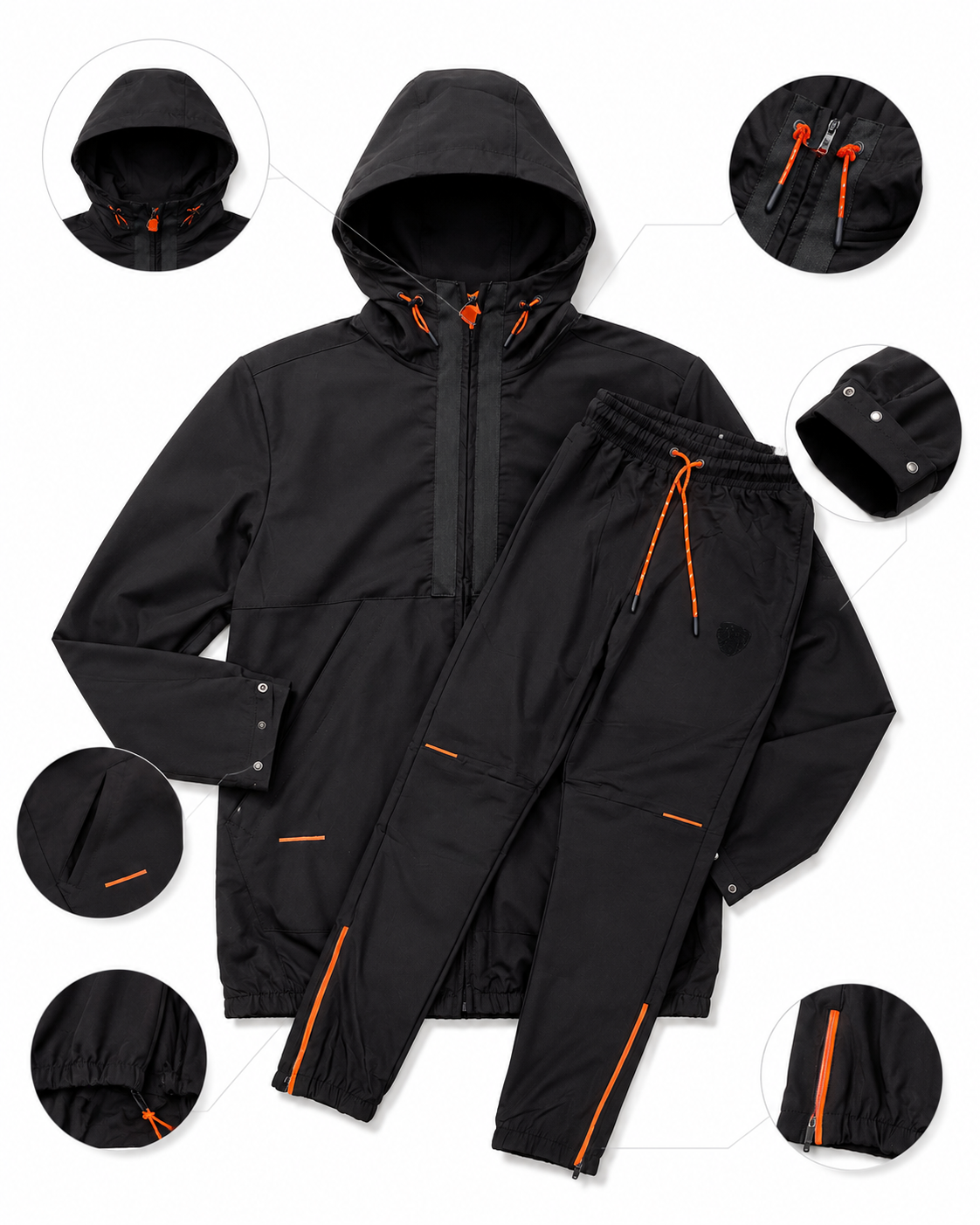 Ensemble Technique Noir & Orange – Veste à Capuche + Pantalon Cargo
