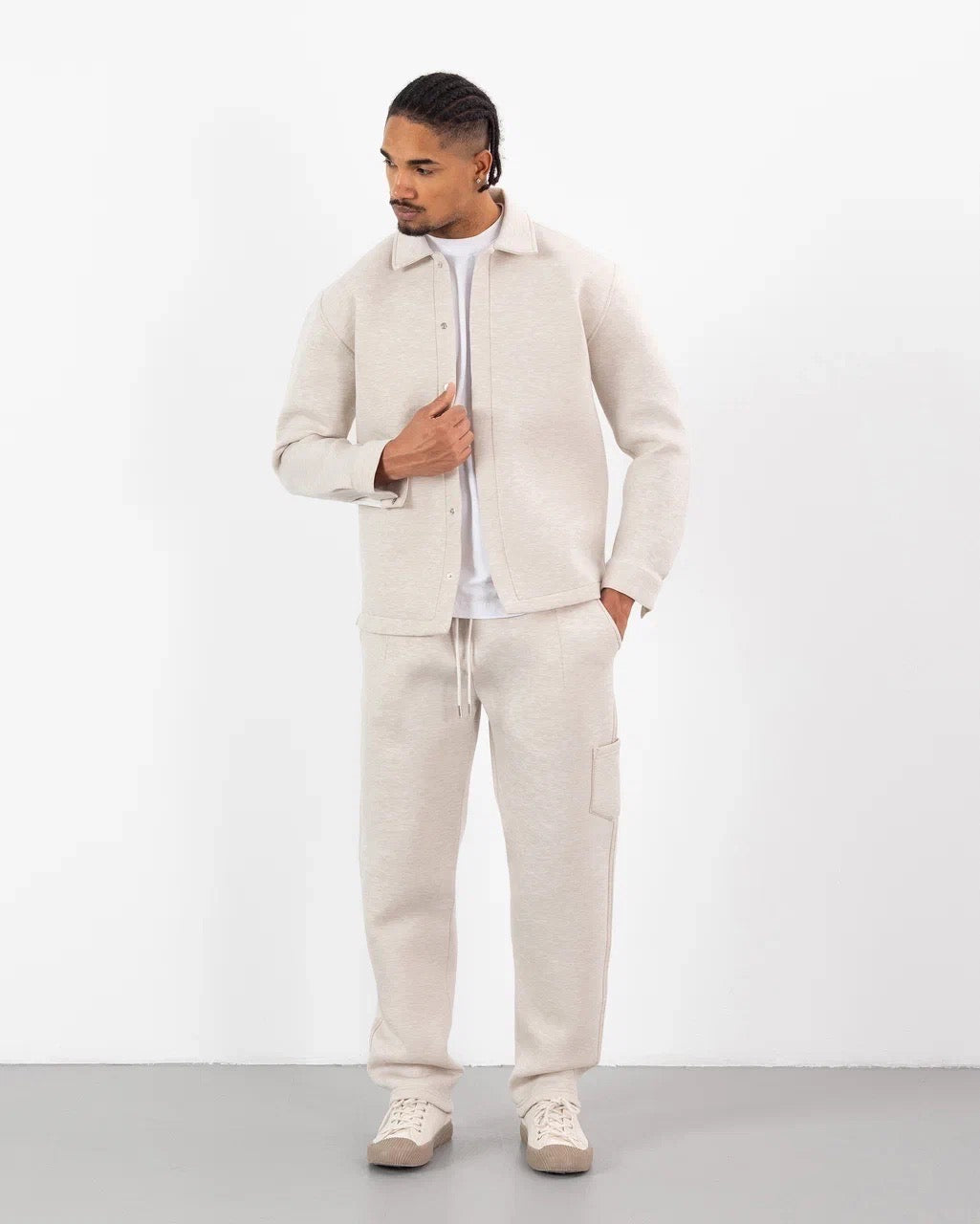 Ensemble Scuba Oversize – Veste Col Chemise à bouton + Jogging – Beige