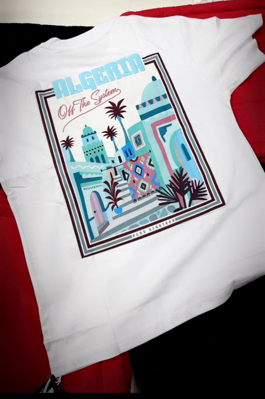 T-SHIRT ALGERIA  - OFF THE SYSTEM - Blanc + Broderie Algeria Bleu Ciel