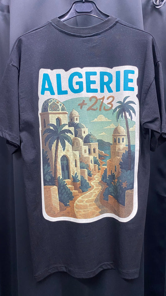 T-shirt “ALGERIE +213” – Visuel Vintage Palais & Palmiers (Noir)