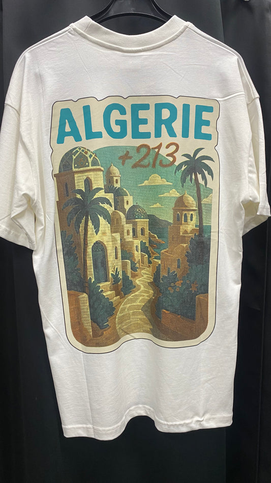 T-shirt “ALGERIE +213” – Visuel Vintage Palais & Palmiers (Blanc)