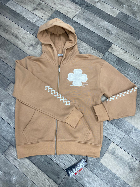 Veste à Capuche Marron Zip - Patch Croix & Motifs Graphiques