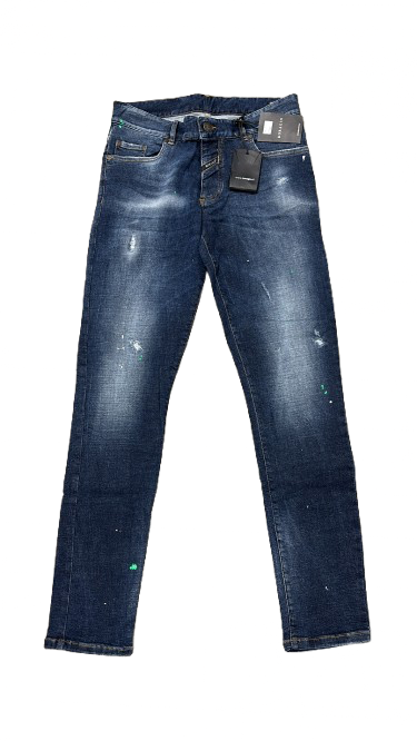 BORAGIO - PANTALON BLEU TACHE DE PEINTURE BLANC ET VERT