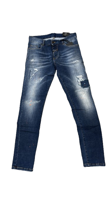 BORAGIO - PANTALON BLEU TACHE DE PEINTURE ORANGE