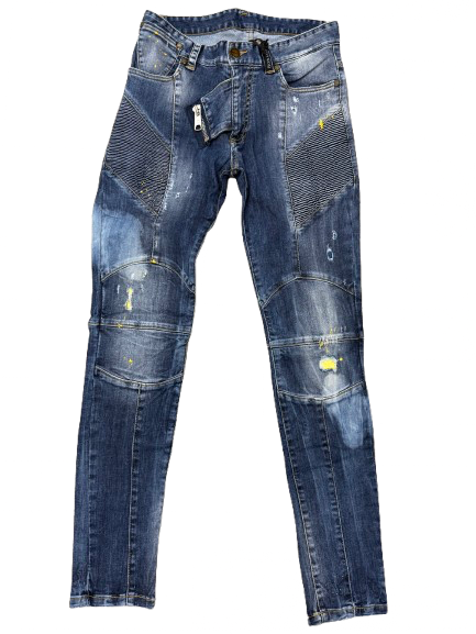 BORAGIO -   PANTALON BLEU TROUÉ TÂCHE PEINTURE JAUNE