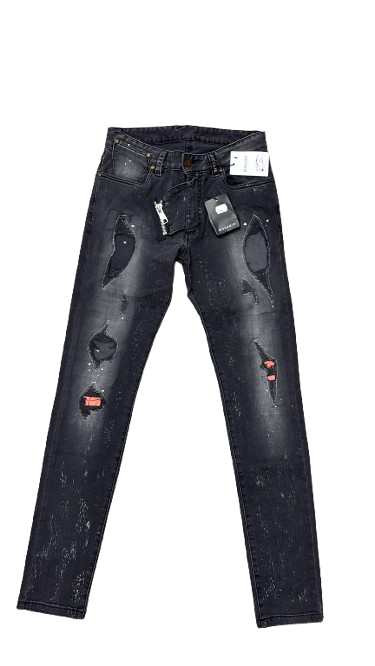 BORAGIO -  PANTALON DENIM NOIR DÉLAVÉ DÉCHIRÉ