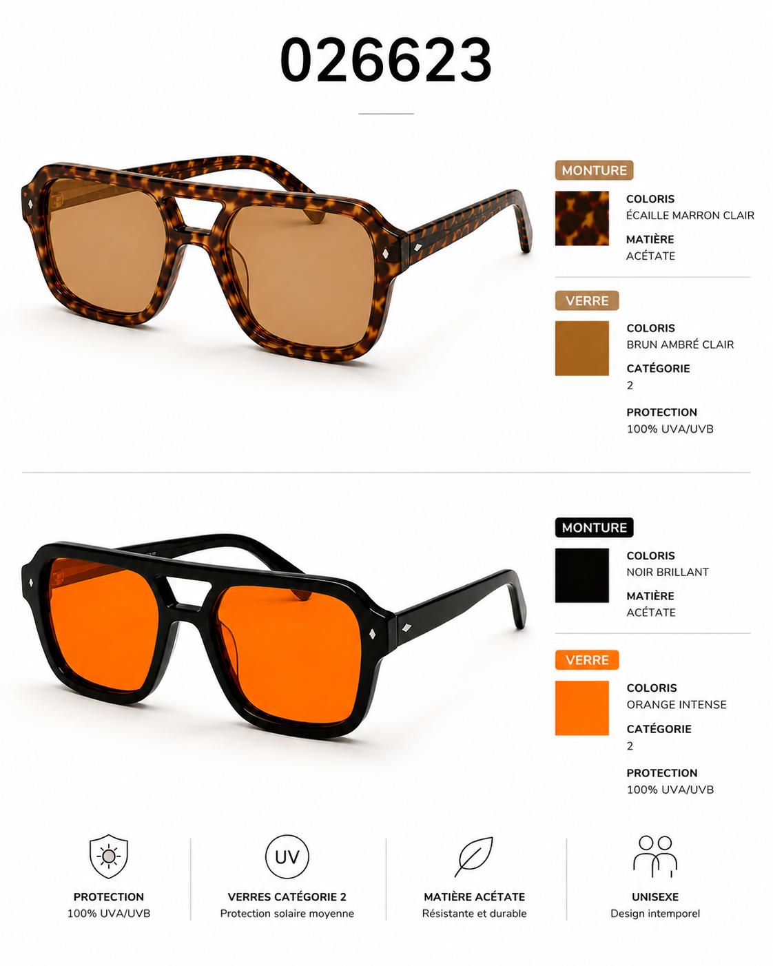 Lunettes de Soleil CP 026623 – Monture Écaille Noir & Verres Orange Ambré – Monture Noire & Verres Orange UV400