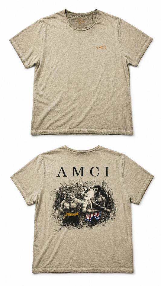 T-shirt AMCI Boxing Tiger Vintage Kaki – Effet Délavé Premium & Imprimé Dos Oversize