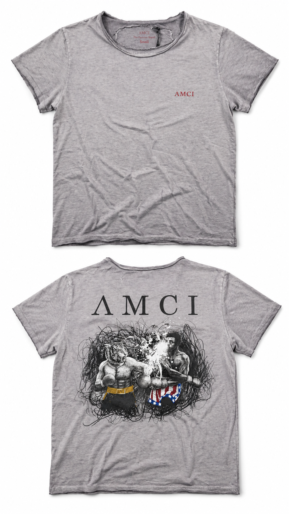 T-shirt AMCI Boxing Gris Clair – T-shirt Délavé Unisexe avec Illustration Boxer Dos