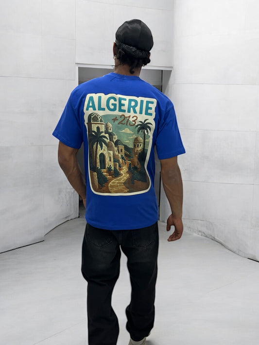 T-shirt “ALGERIE +213” – Visuel Vintage Palais & Palmiers (Bleu Roi)