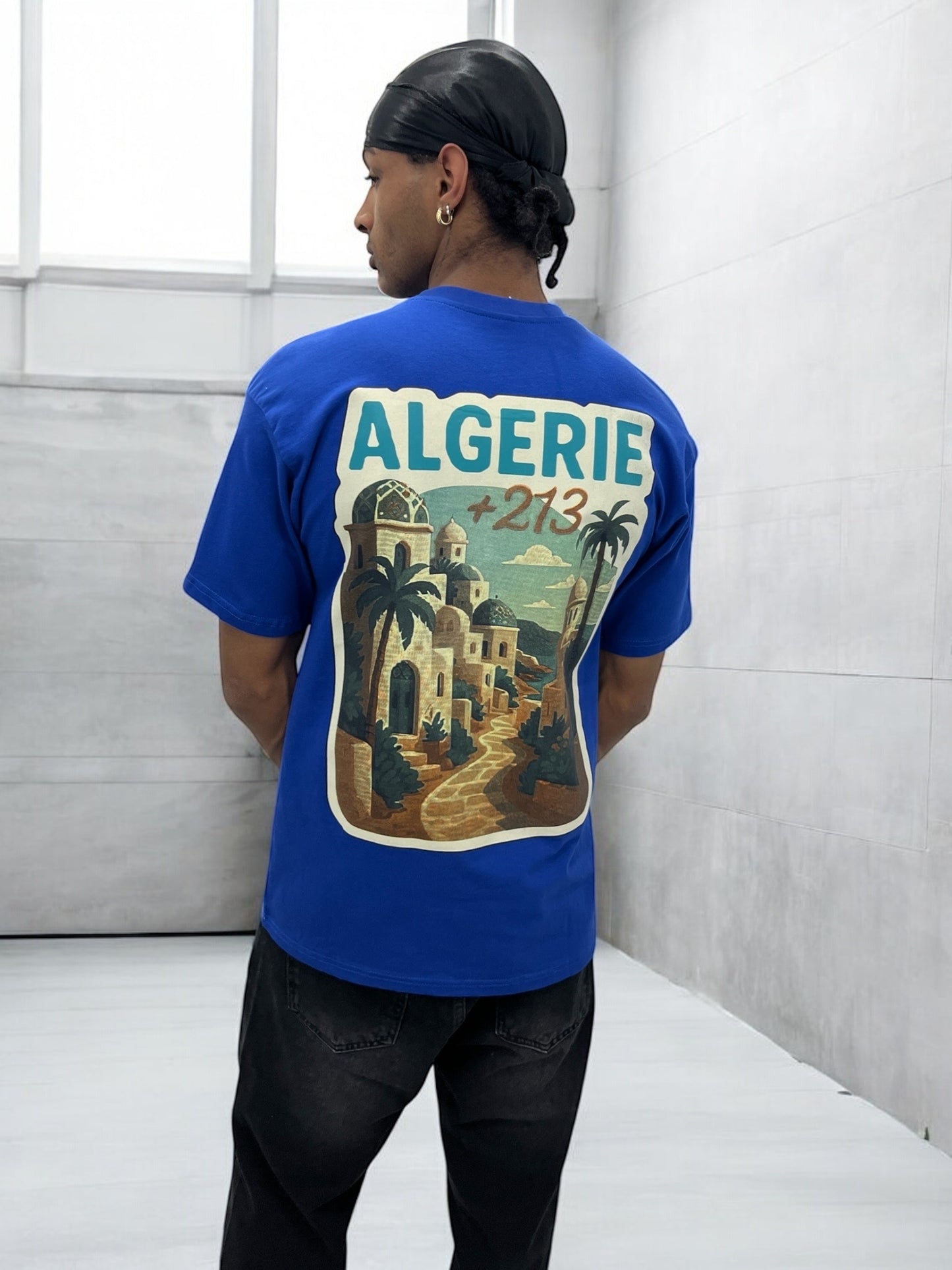 T-shirt “ALGERIE +213” – Visuel Vintage Palais & Palmiers (Bleu Roi)