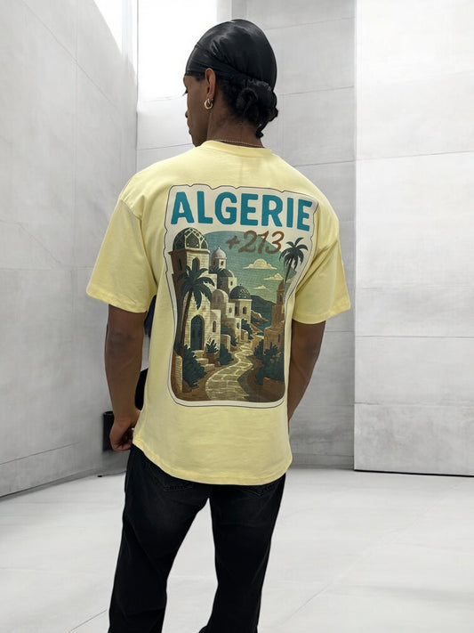 T-shirt “ALGERIE +213” – Visuel Vintage Palais & Palmiers (Jaune)