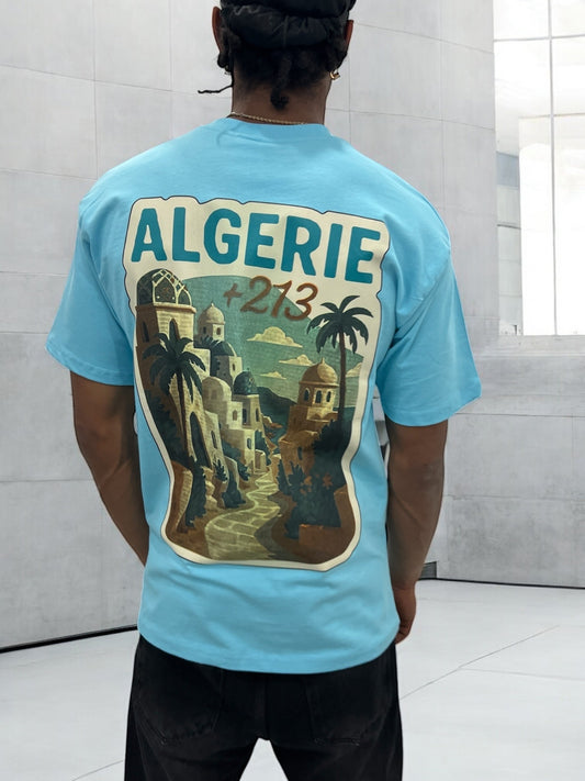 T-shirt “ALGERIE +213” – Visuel Vintage Palais & Palmiers (Bleu Ciel)