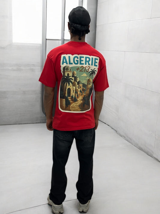T-shirt “ALGERIE +213” – Visuel Vintage Palais & Palmiers (Rouge)