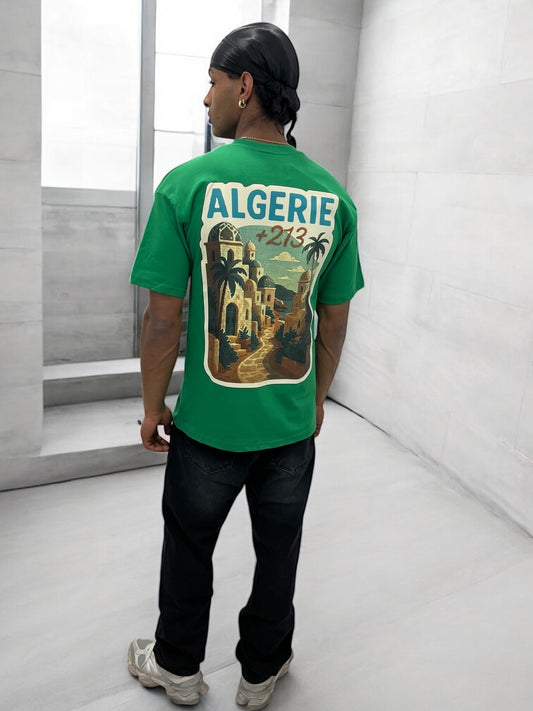 T-shirt “ALGERIE +213” – Visuel Vintage Palais & Palmiers (Vert Foncé)