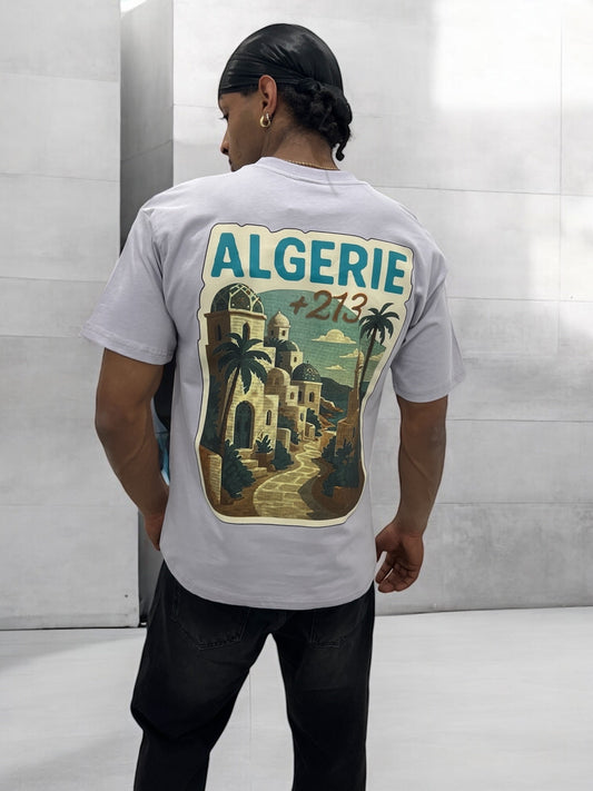 T-shirt “ALGERIE +213” – Visuel Vintage Palais & Palmiers (Gris Perle)