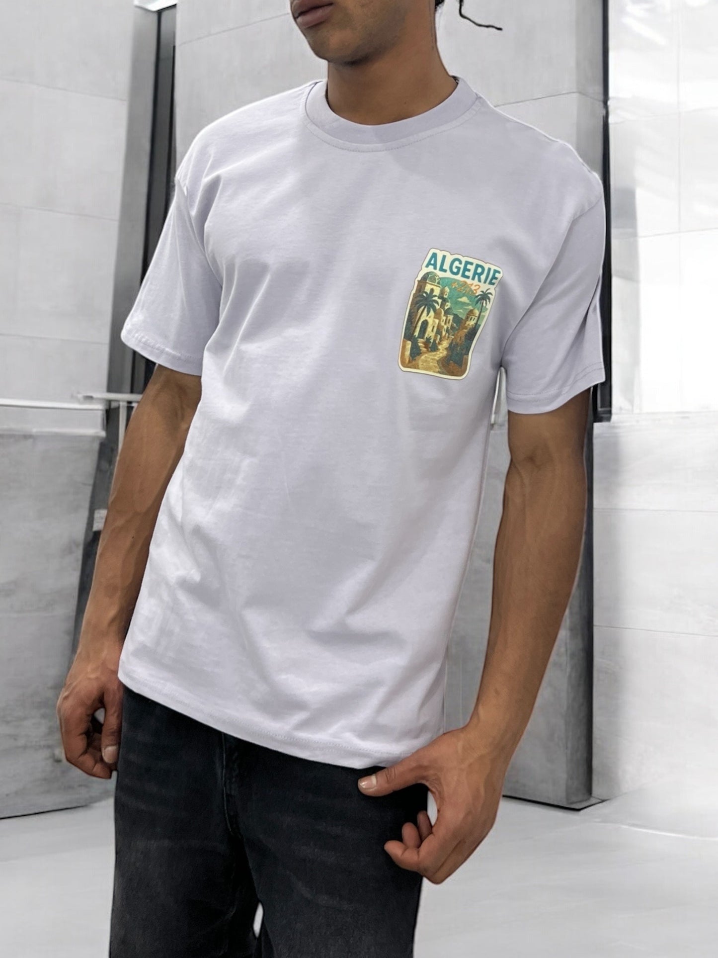 T-shirt “ALGERIE +213” – Visuel Vintage Palais & Palmiers (Gris Perle)