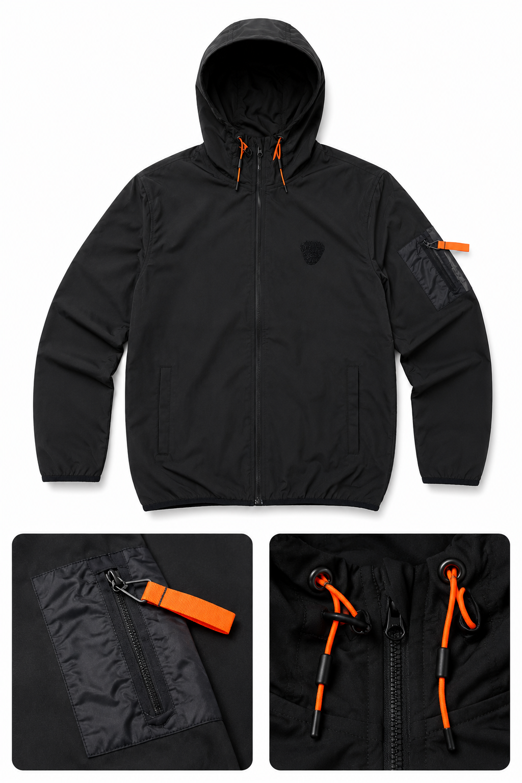 Ensemble Technique Cargo Noir – Veste Coupe-Vent & Pantalon – Détails Orange